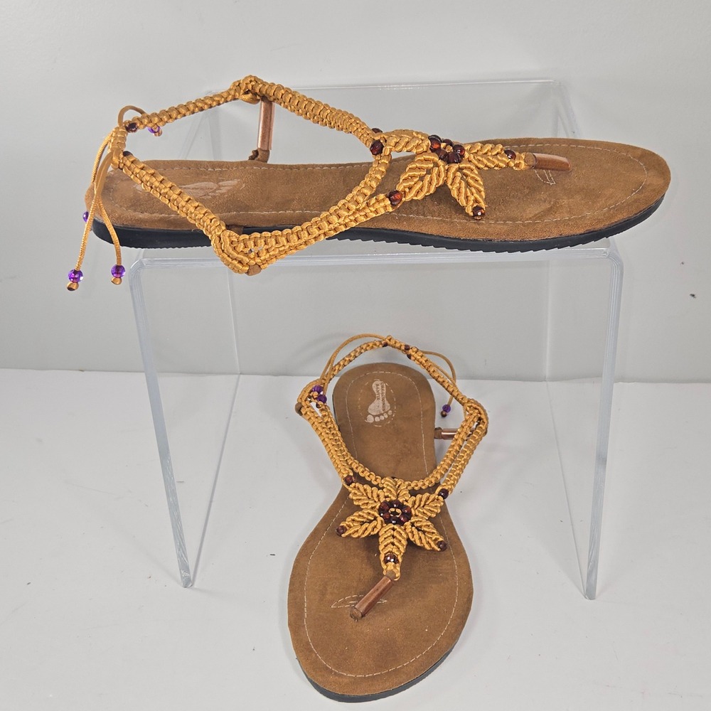 Creaciones Santy Macrame Floral Thong Sandals Gold Boho Lace Up Women 26 Mexico